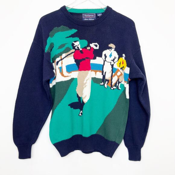 NWT Vintage Hathaway Golf Course Scene Navy Knit Sweater M - Picture 1 of 7